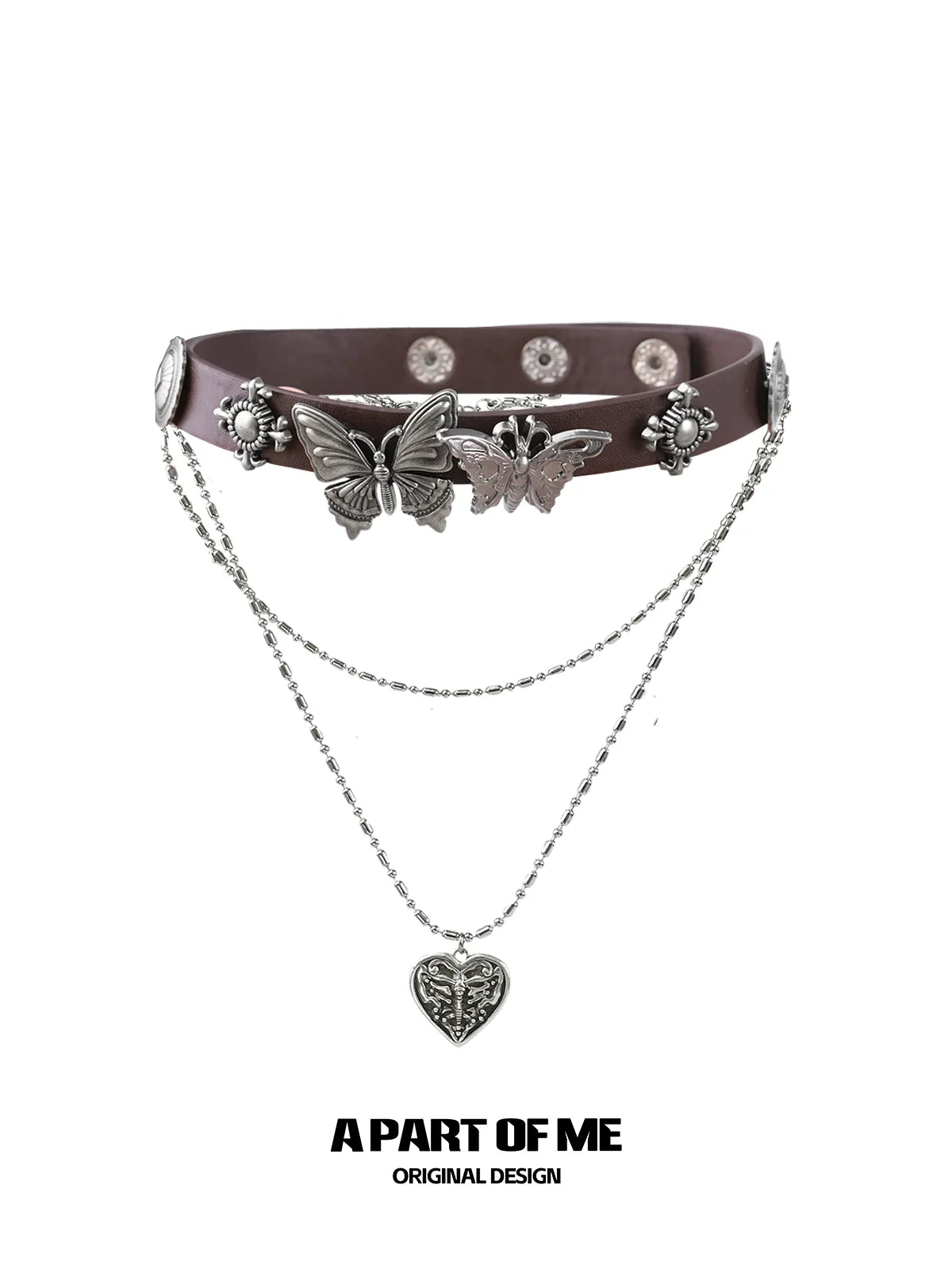 Butterfly punk necklace featuring silver butterflies and a heart charm on a leather chain