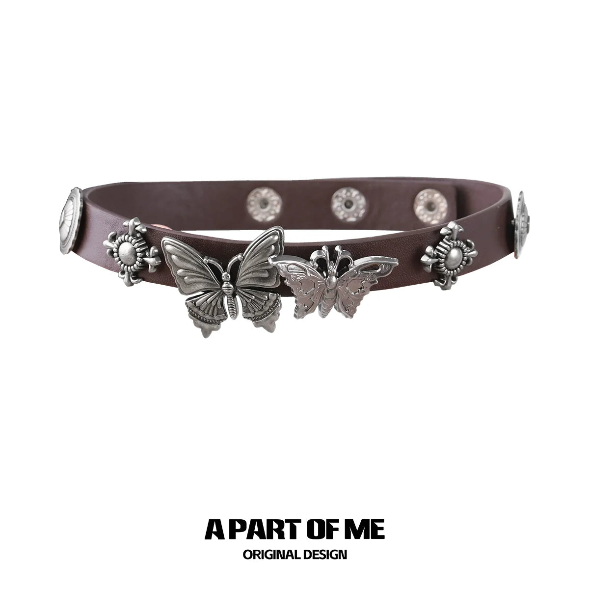 Butterfly punk necklace featuring silver butterfly charms on a brown leather band for a bold look
