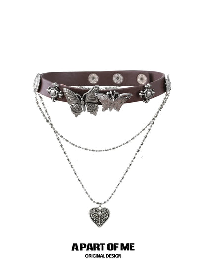 A PART OF ME butterfly punk necklace with silver butterflies and heart pendant on a leather strap