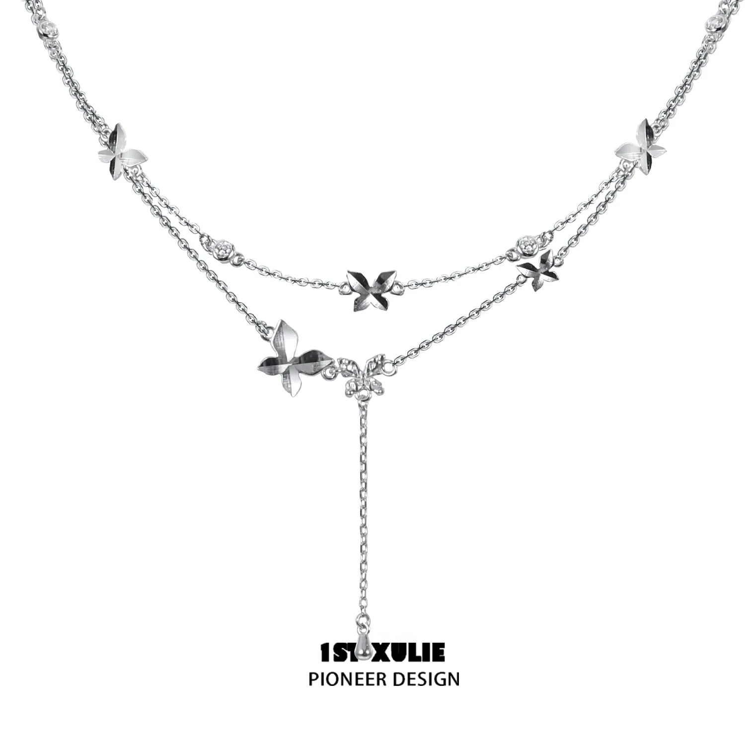 Elegant butterfly silver necklace featuring intricate floral designs and adjustable length