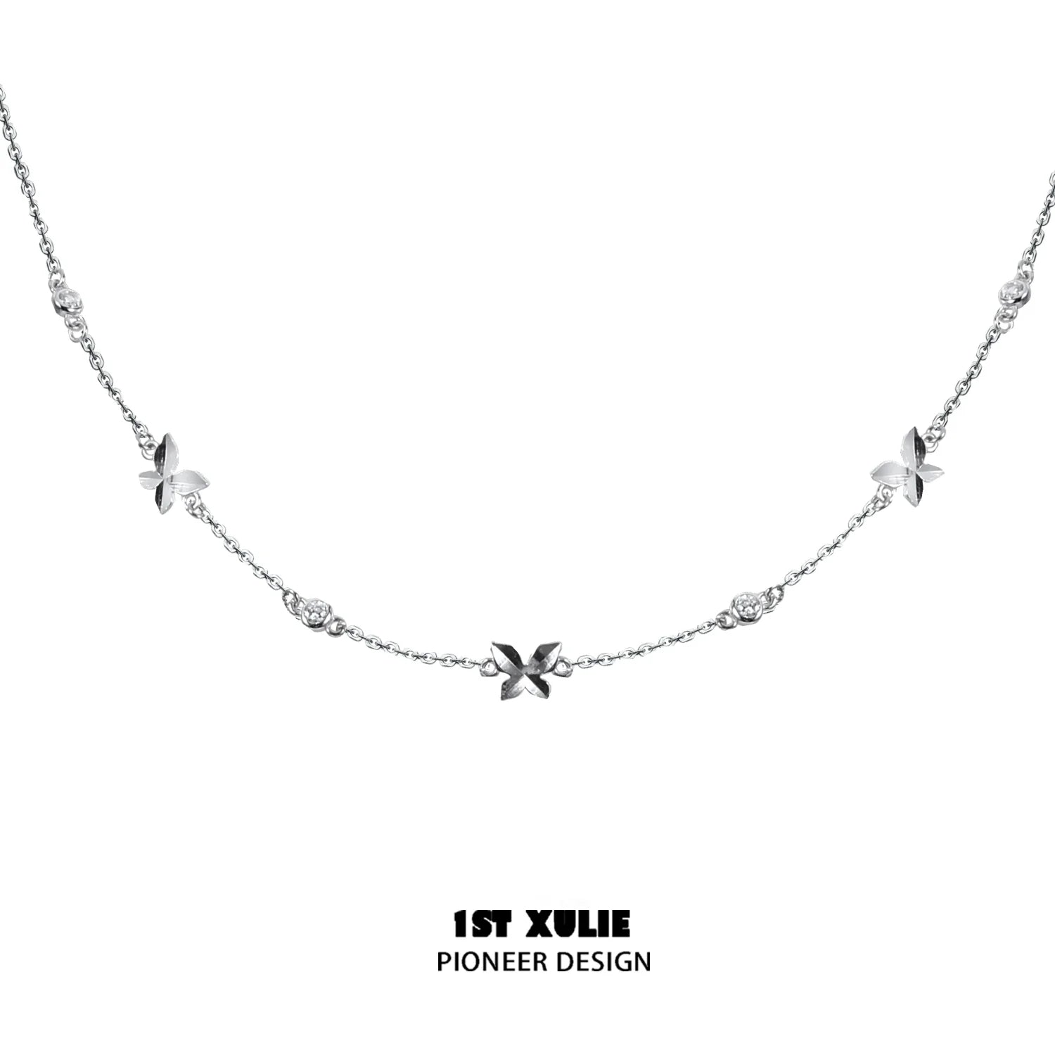 Elegant butterfly silver necklace featuring sparkling accents and a delicate chain design
