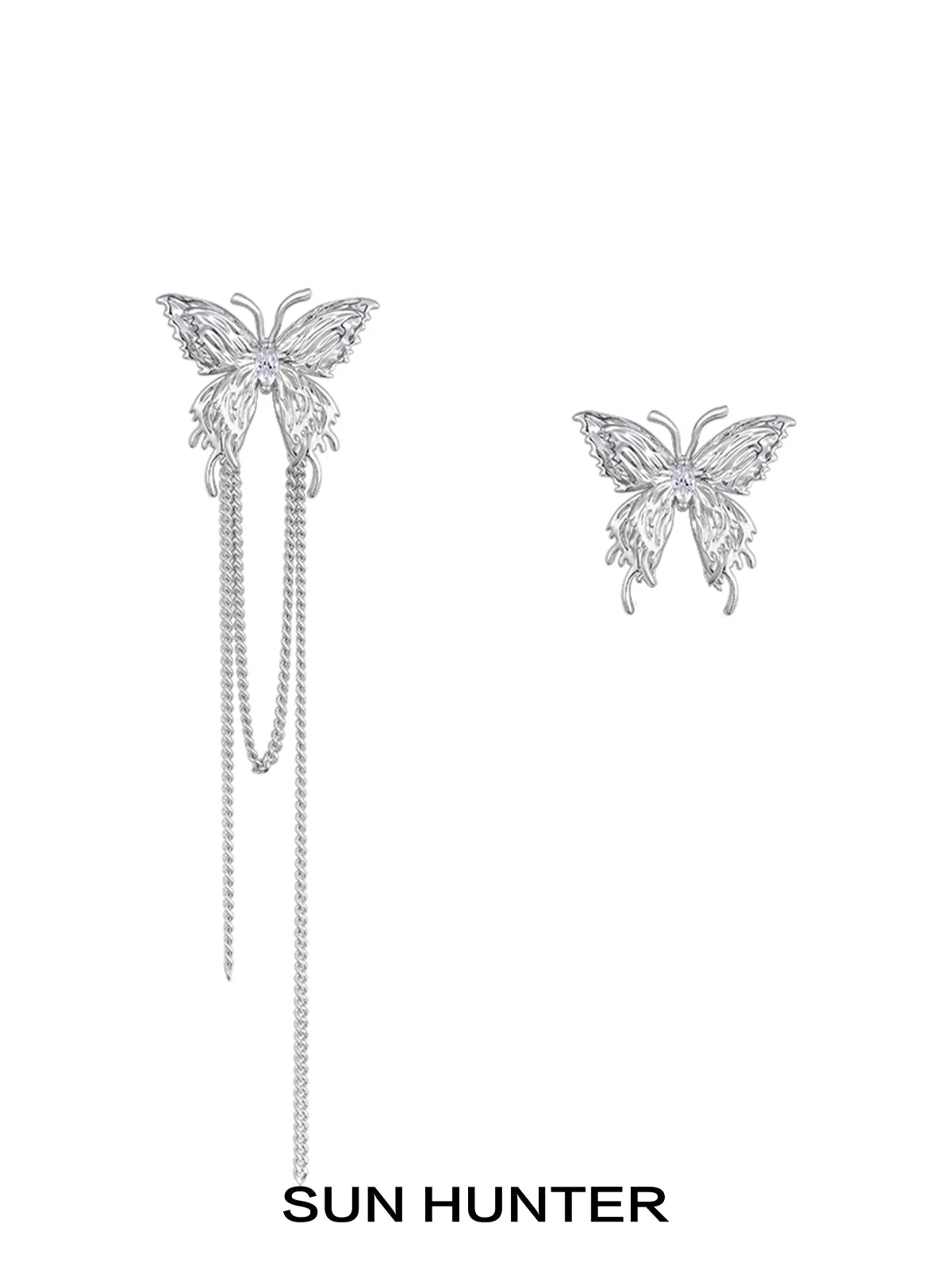 SUN HUNTER butterfly tassel ear cuffs with elegant silver butterfly design and cascading chains