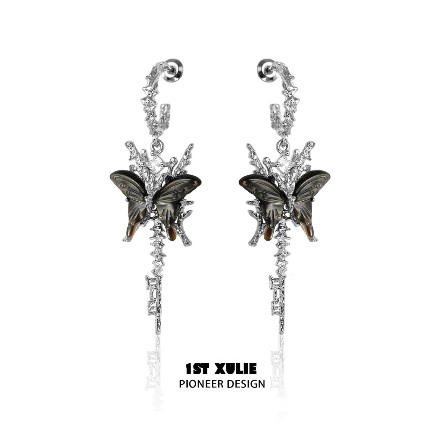 Elegant butterfly tassel shell earrings in silver with intricate design and butterfly accents