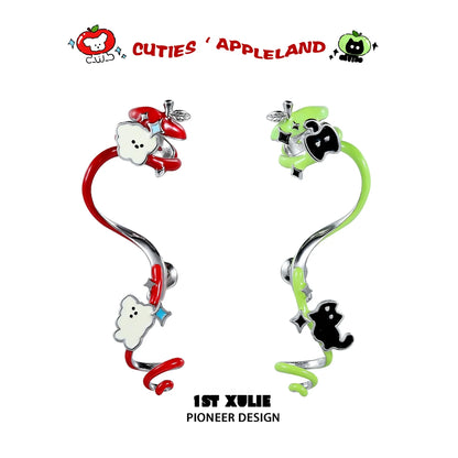 Colorful cat and dog earrings with playful designs in red and green by 1STXULIE
