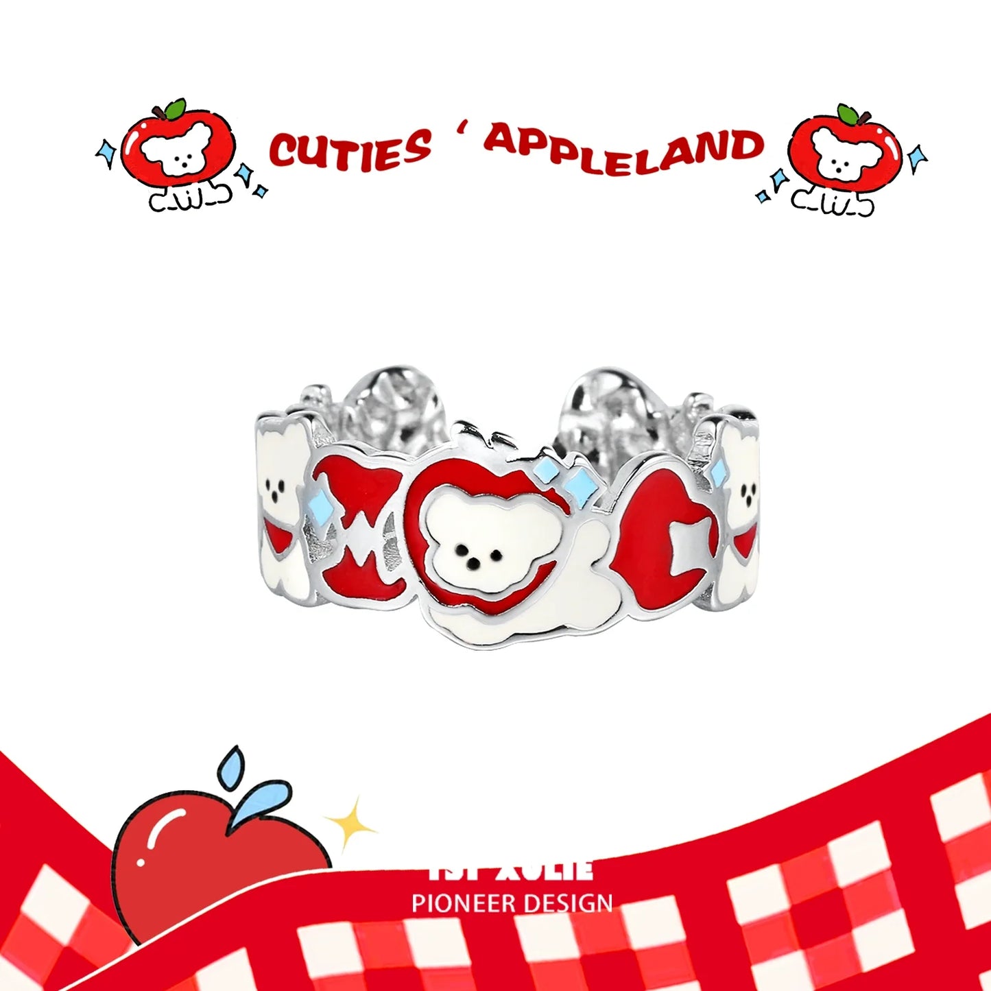 Cute silver ring featuring cat and dog designs with colorful accents for pet lovers
