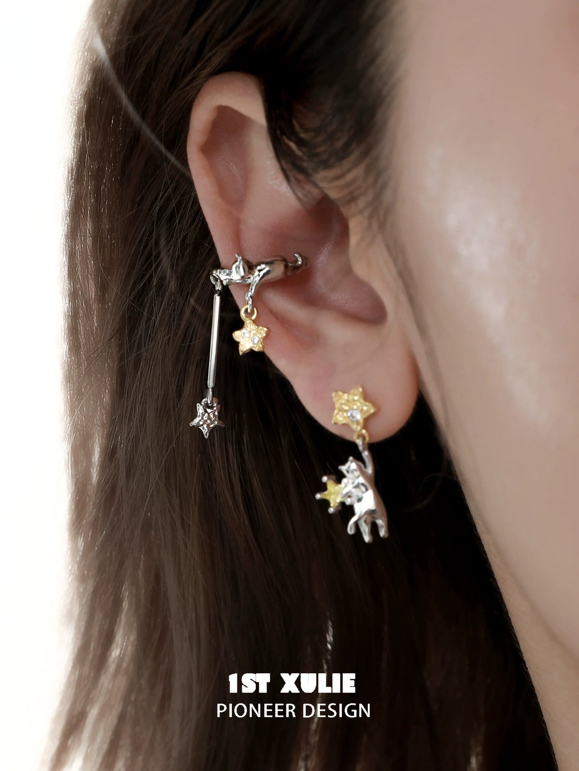 Adorable cat ear cuffs with star charms by 1ST XULIE for a trendy accessory look