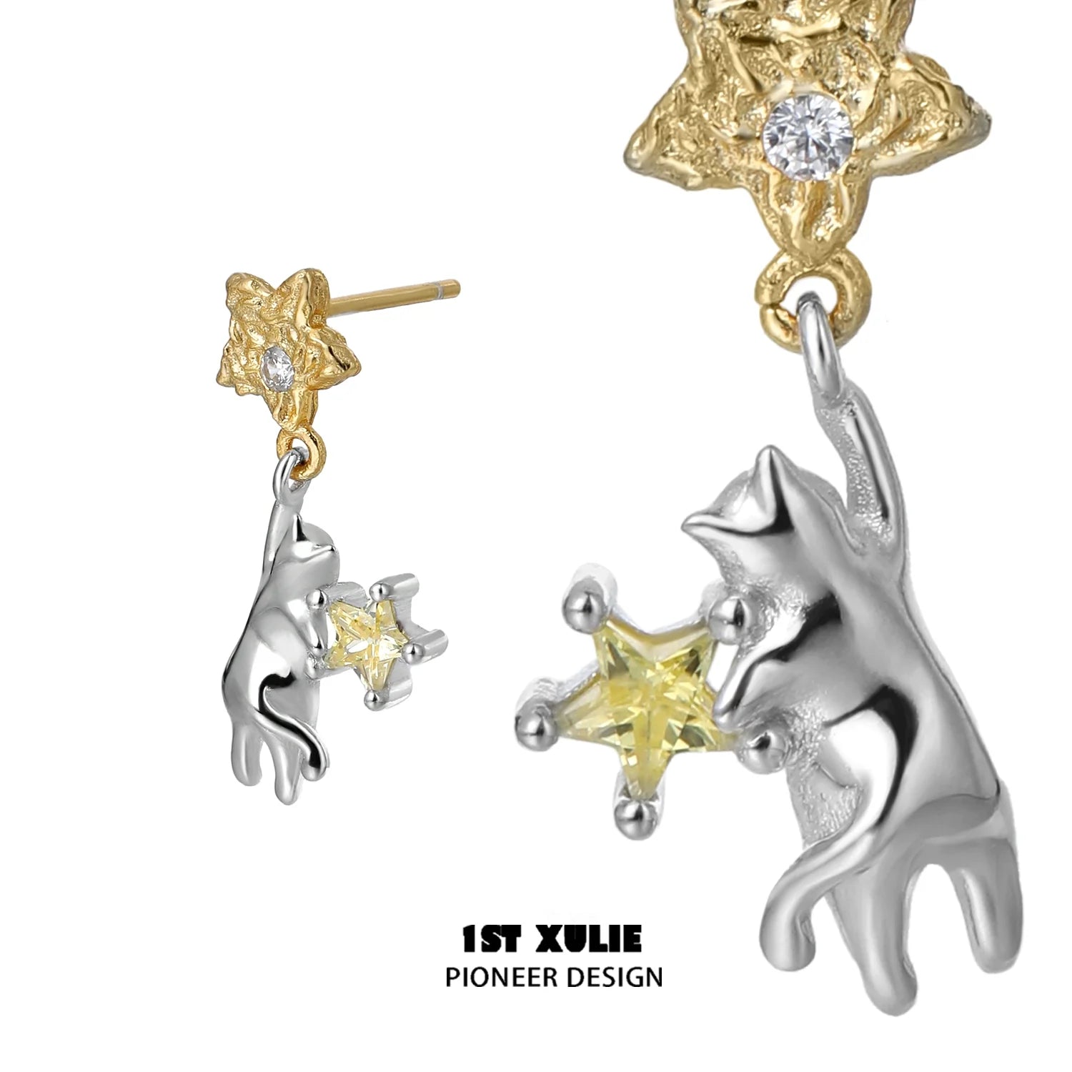 Unique cat ear cuffs in silver and gold featuring playful cat and star designs from 1ST XULIE