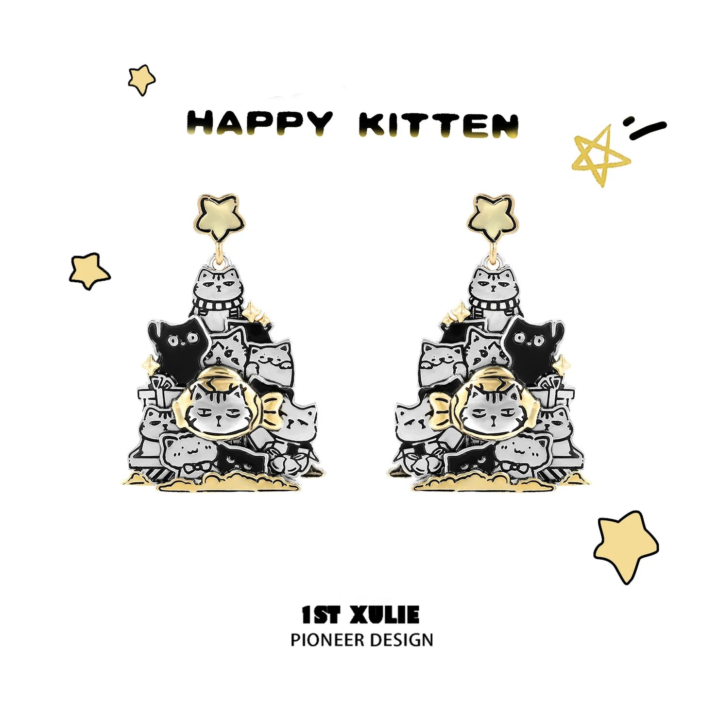 Happy kitten design featuring cat family silver stud earrings in a playful, colorful style