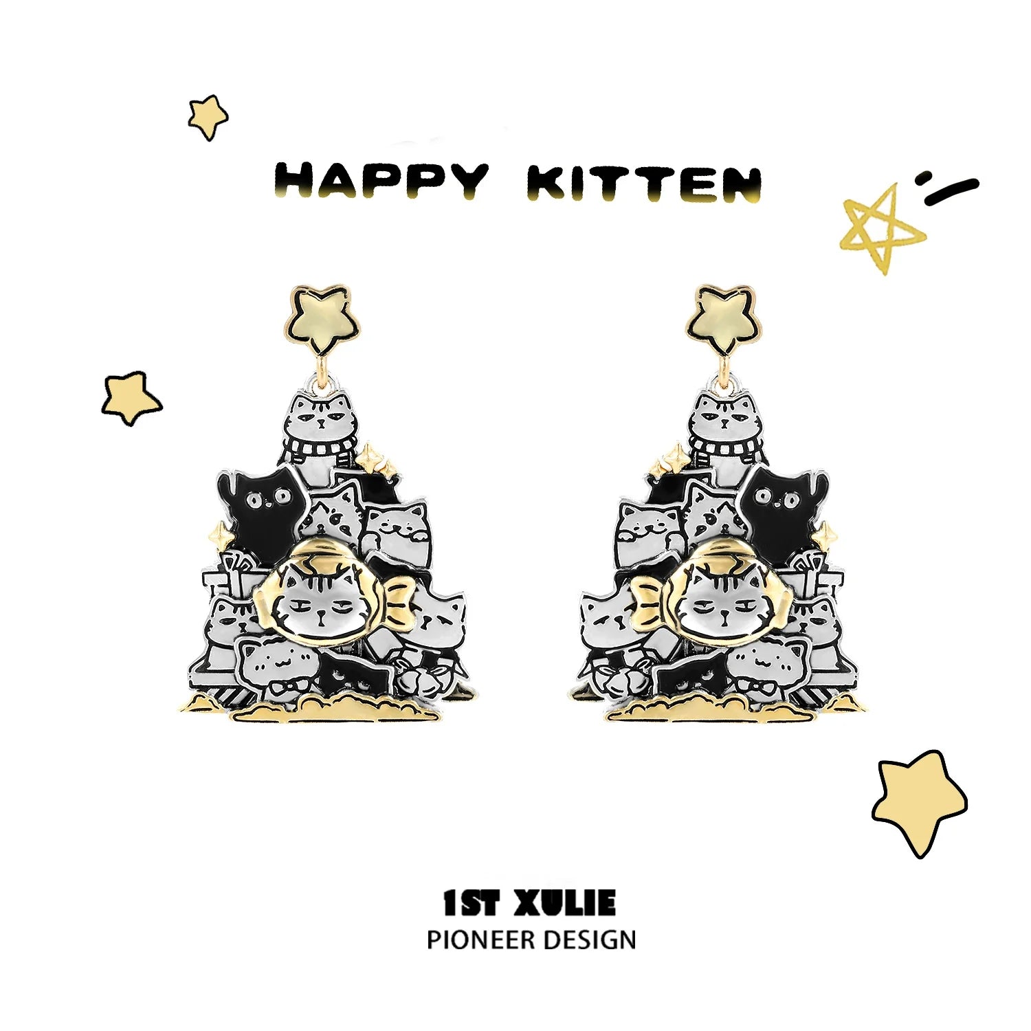 Happy kitten design featuring cat family silver stud earrings in a playful, colorful style