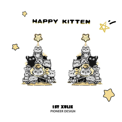 Happy kitten design featuring cat family silver stud earrings in a playful, colorful style