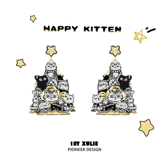 Happy kitten design featuring cat family silver stud earrings in a playful, colorful style