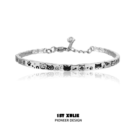 1ST XULIE Cat Silver Bracelet with Cute Cat Illustrations for Cat Lovers