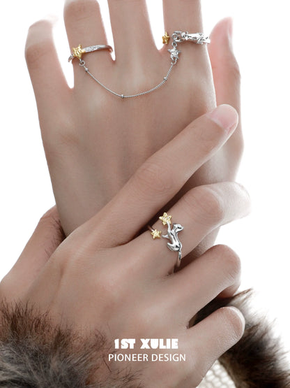 1ST XULIE Cat Silver Ring with Star Design Worn on Hand for Unique Jewelry Look