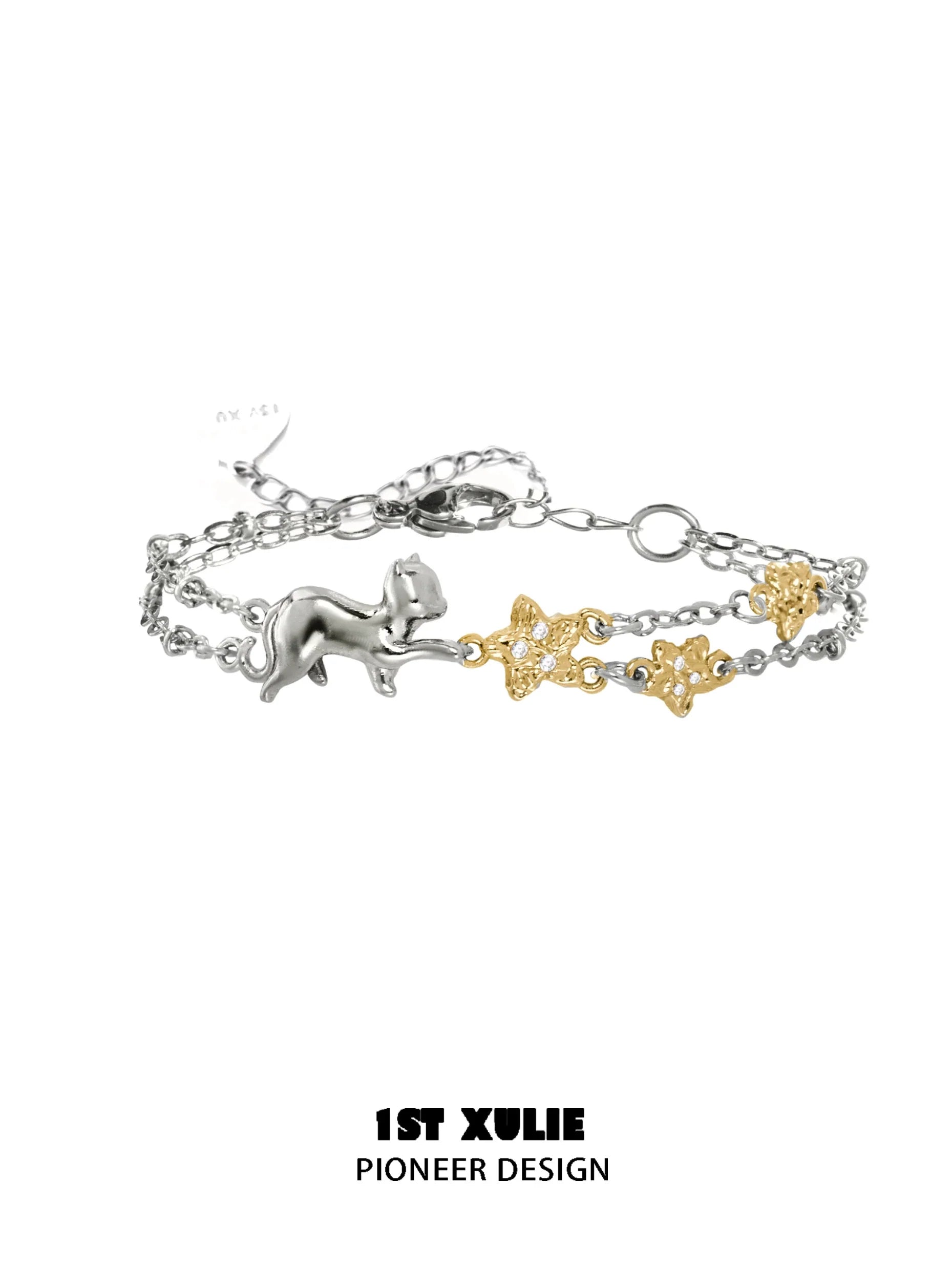 1ST XULIE Cat Star Bracelet featuring a silver cat design with gold star accents