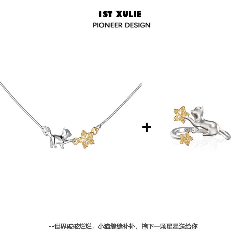 1STXULIE Cat Star Clavicle Necklace featuring a playful cat and a star pendant for a charming accessory