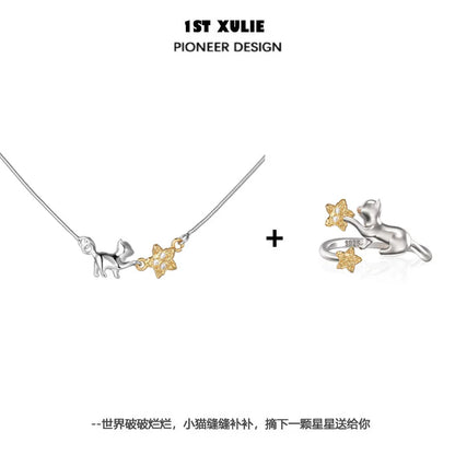1STXULIE Cat Star Clavicle Necklace featuring a playful cat and a star pendant for a charming accessory