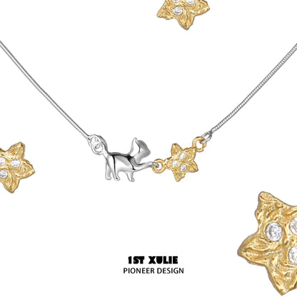 1STXULIE Cat Star Clavicle Necklace with silver cat pendant and gold star accents