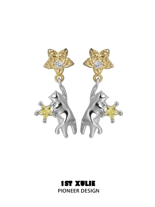 1ST XULIE Cat Star Earrings featuring silver cat design with star accents and sparkling details
