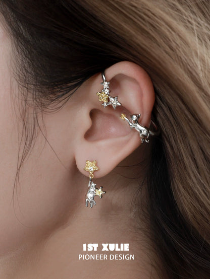 1STXULIE Cat Star Earrings featuring playful designs with silver and gold accents for a whimsical look