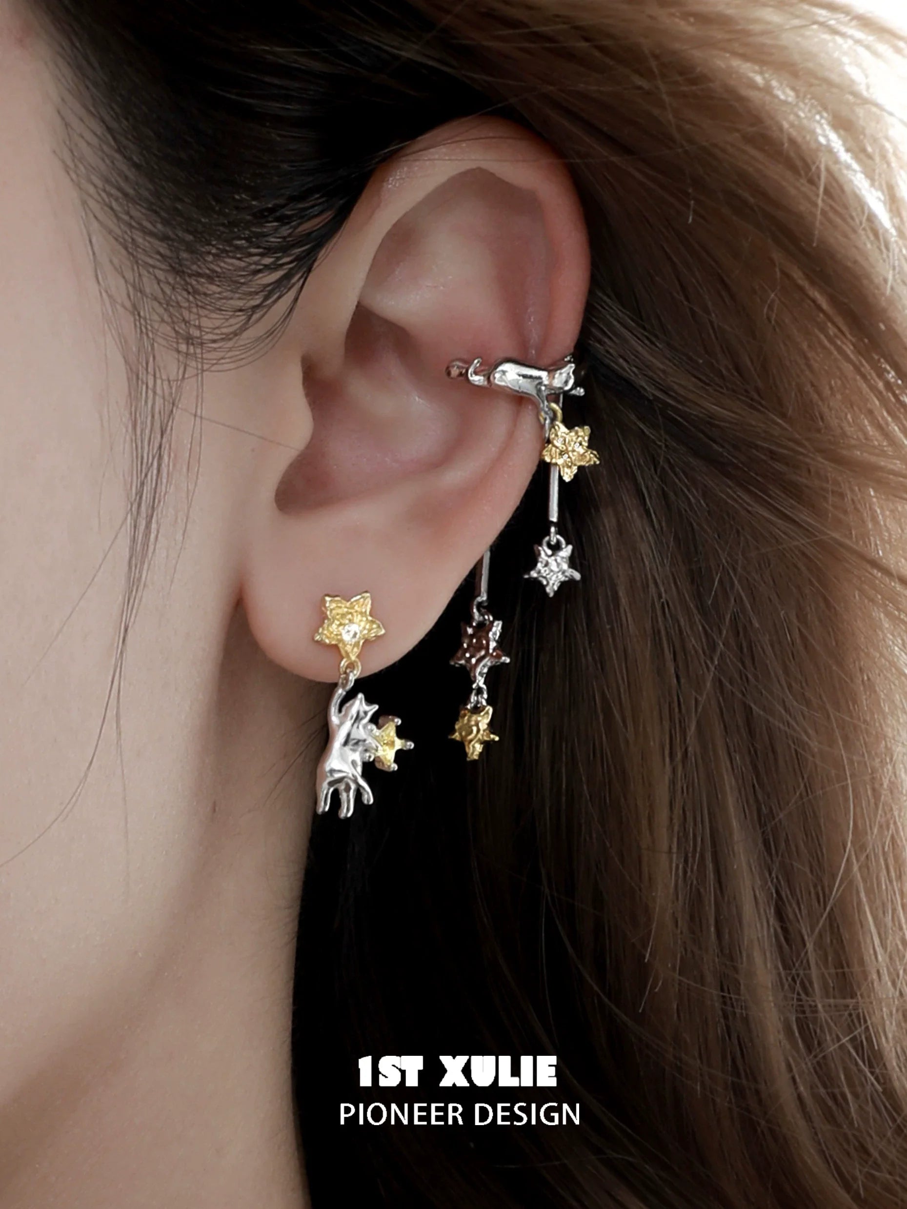1STXULIE Cat Star Earrings in Silver and Gold Design for Unique Fashion Statement