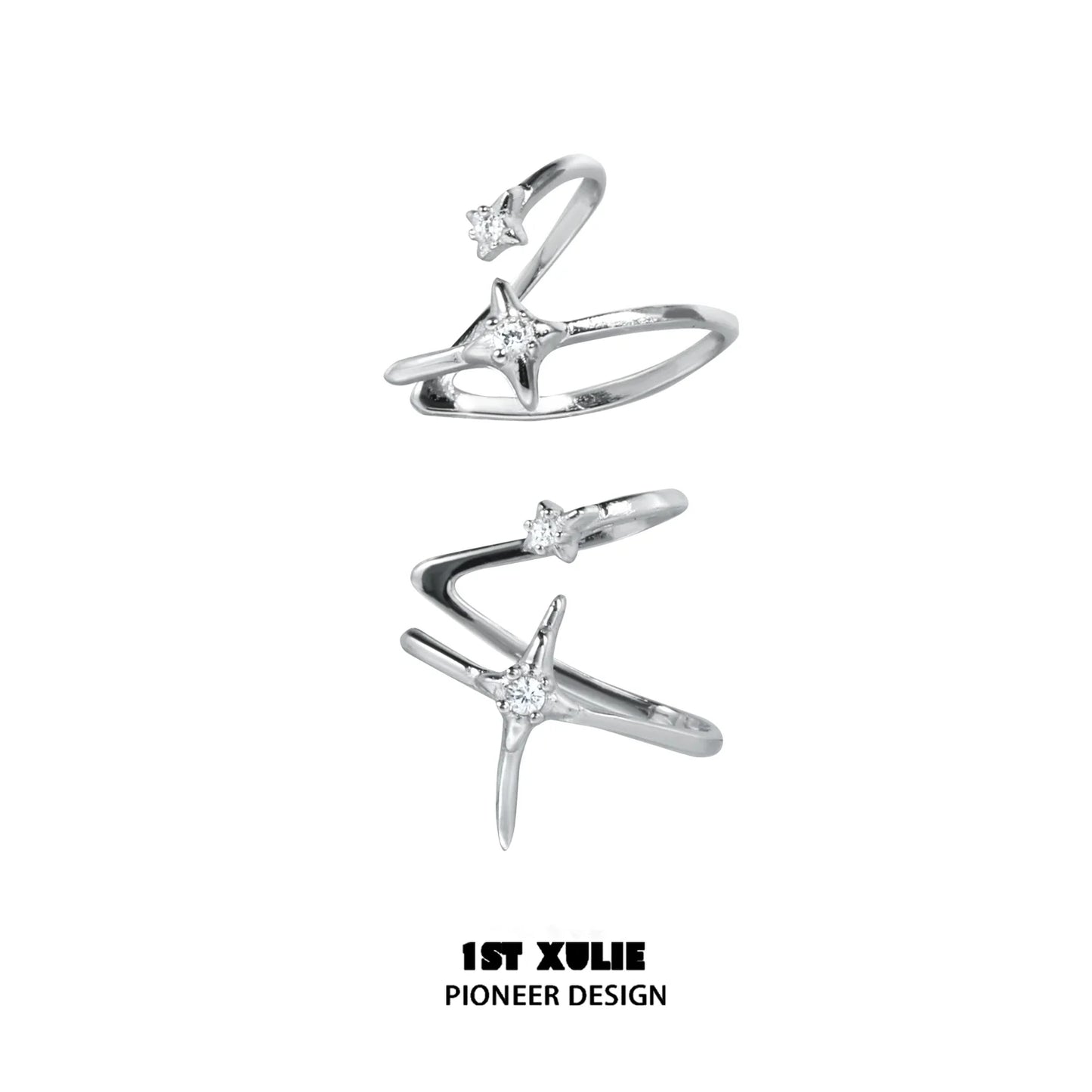 Stylish 1ST XULIE celestial zircon ear cuffs in silver featuring star designs and sparkling accents