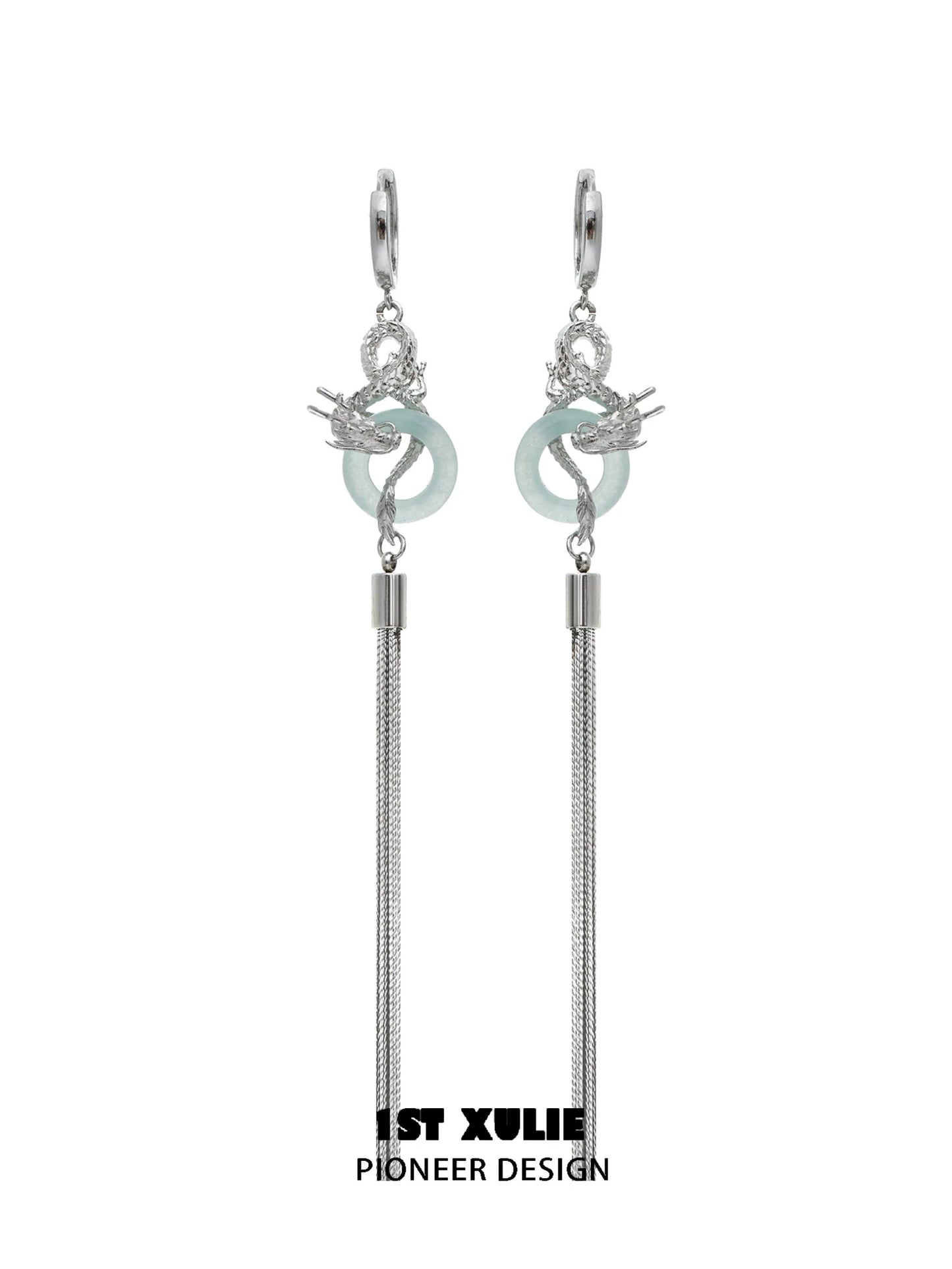 Elegant Chinese dragon tassel earrings featuring silver detailing and a unique design
