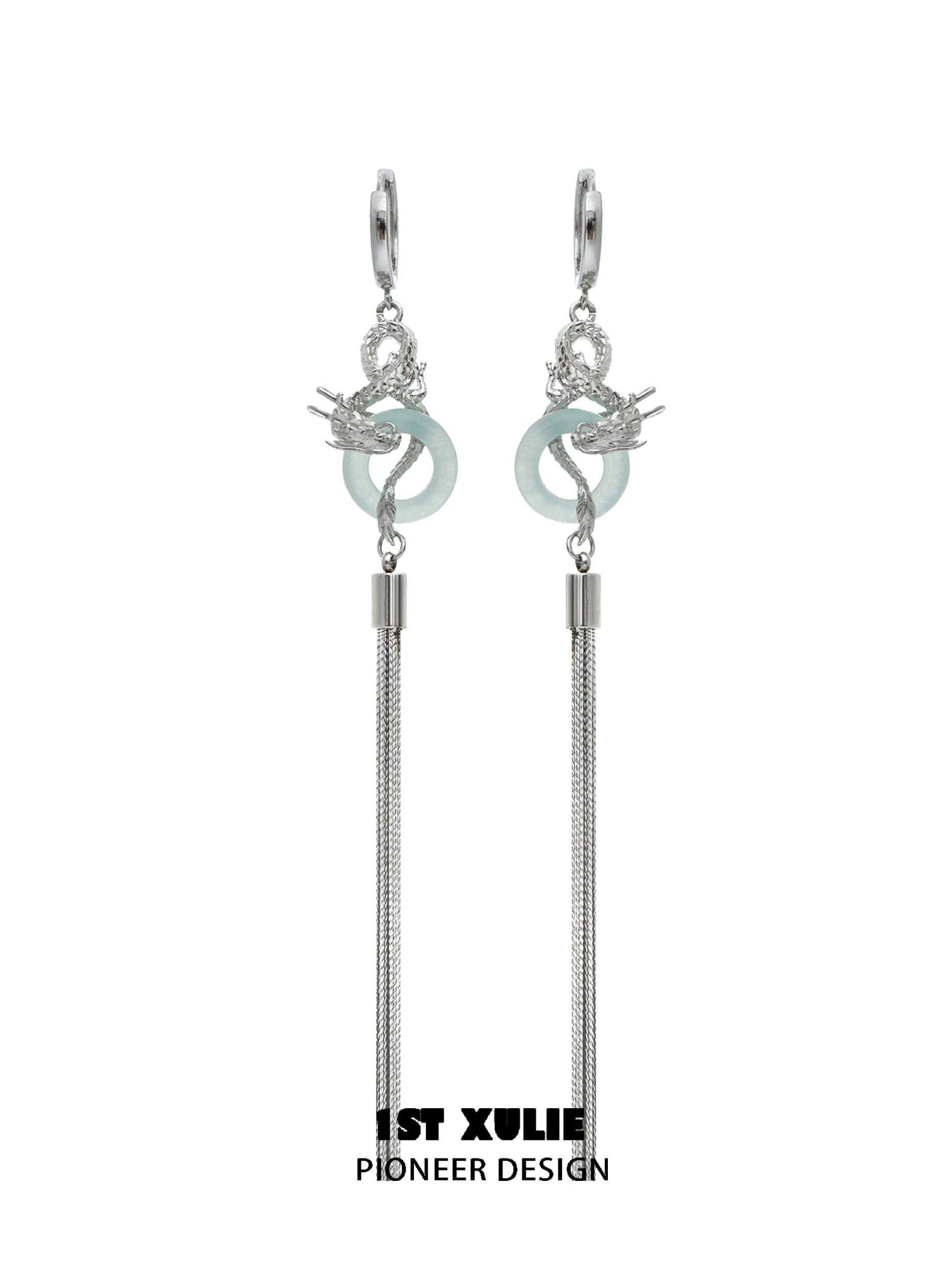 Elegant Chinese dragon tassel earrings featuring silver detailing and a unique design