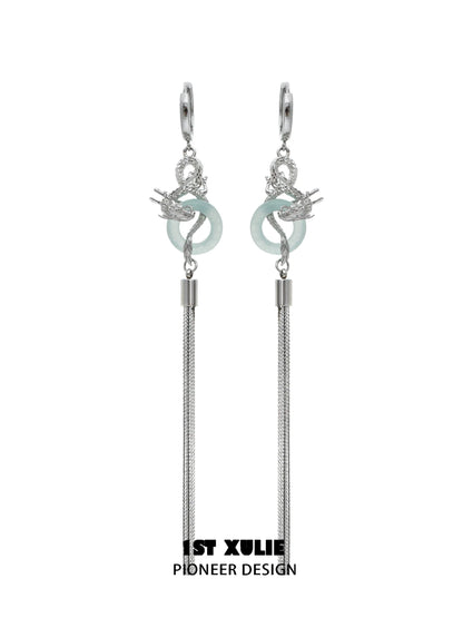 Elegant Chinese dragon tassel earrings featuring silver detailing and a unique design
