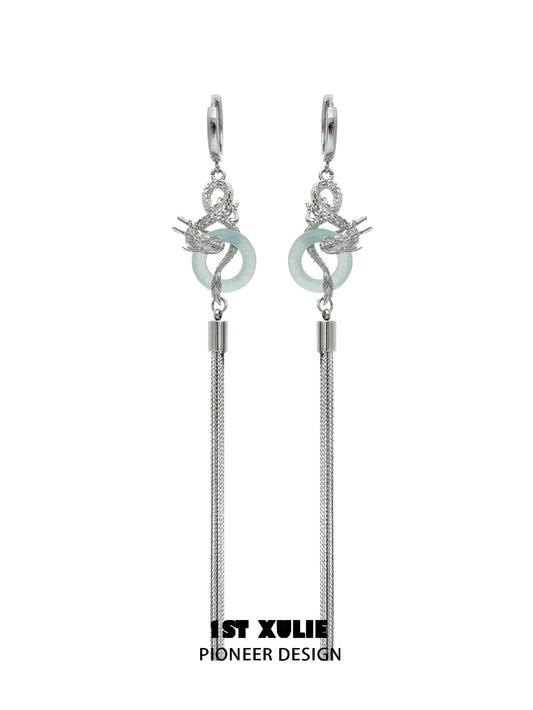 Elegant Chinese dragon tassel earrings featuring silver detailing and a unique design