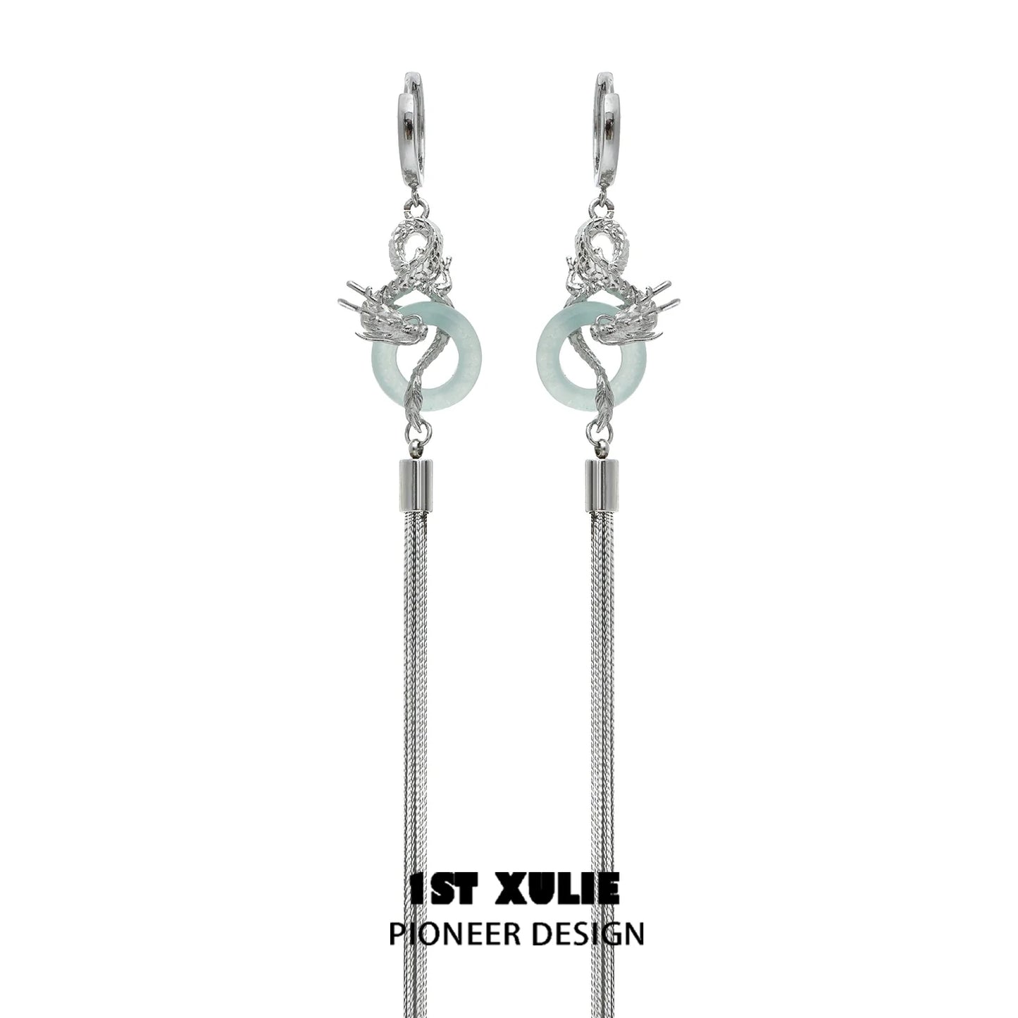 Elegant 1STXULIE Chinese dragon tassel earrings with silver accents and intricate design