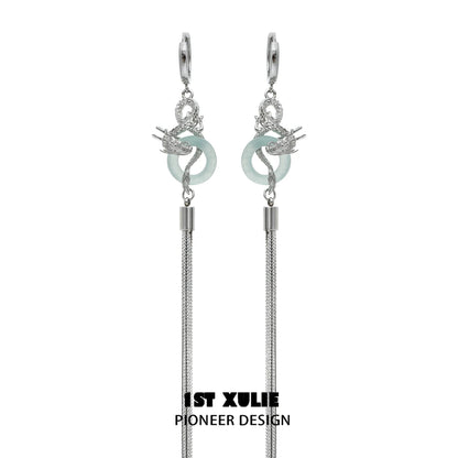 Elegant 1STXULIE Chinese dragon tassel earrings with silver accents and intricate design