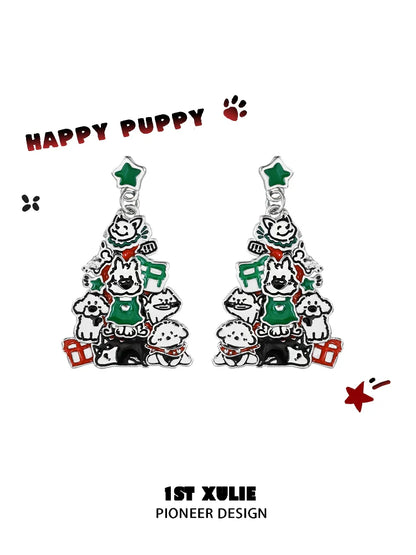 Christmas dog earrings featuring playful puppies, gifts, and green decorations for festive pet lovers