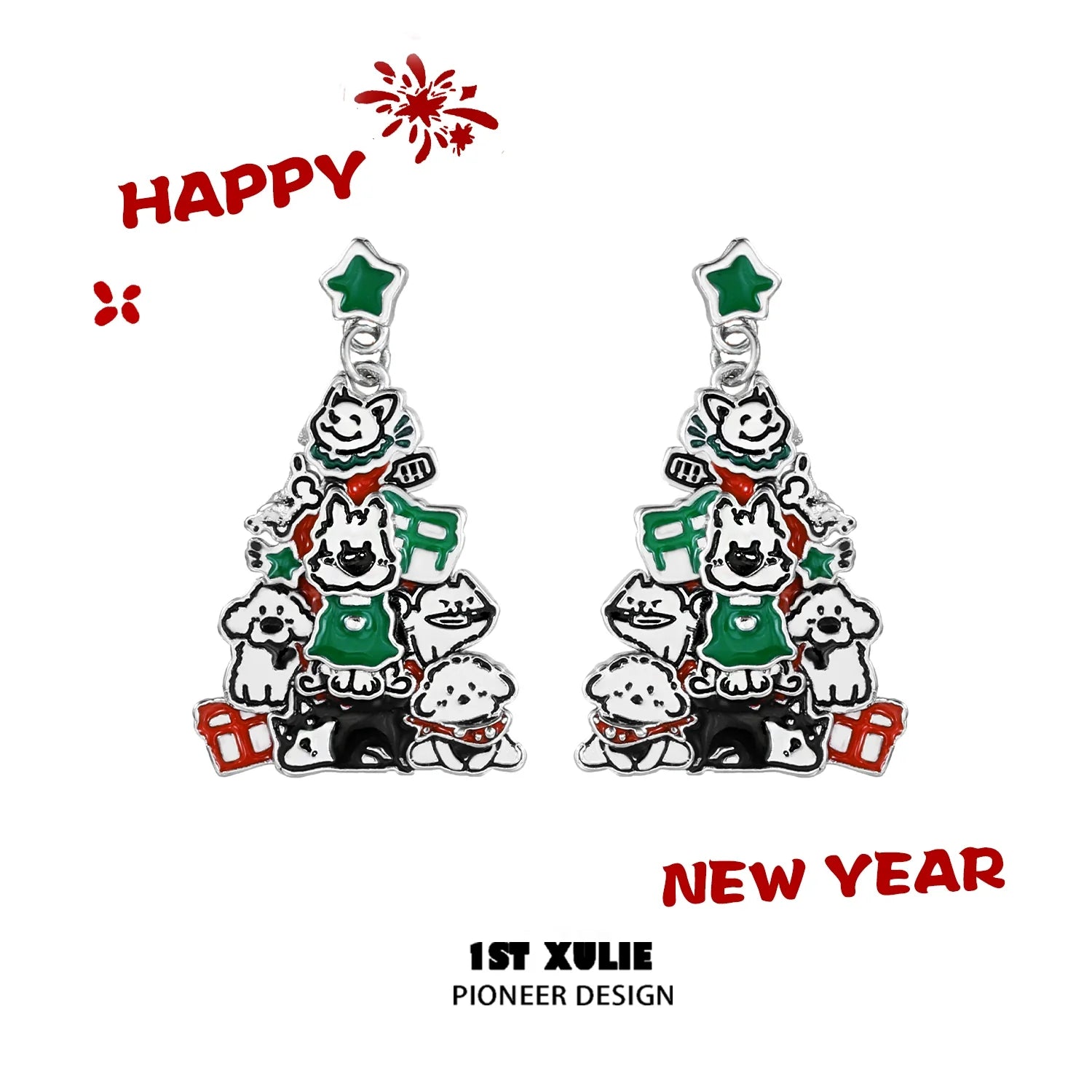 Festive Christmas dog earrings featuring colorful designs of dogs and a Christmas tree