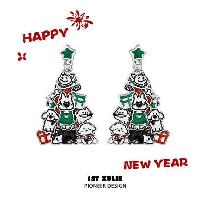 Festive Christmas dog earrings featuring colorful designs of dogs and a Christmas tree