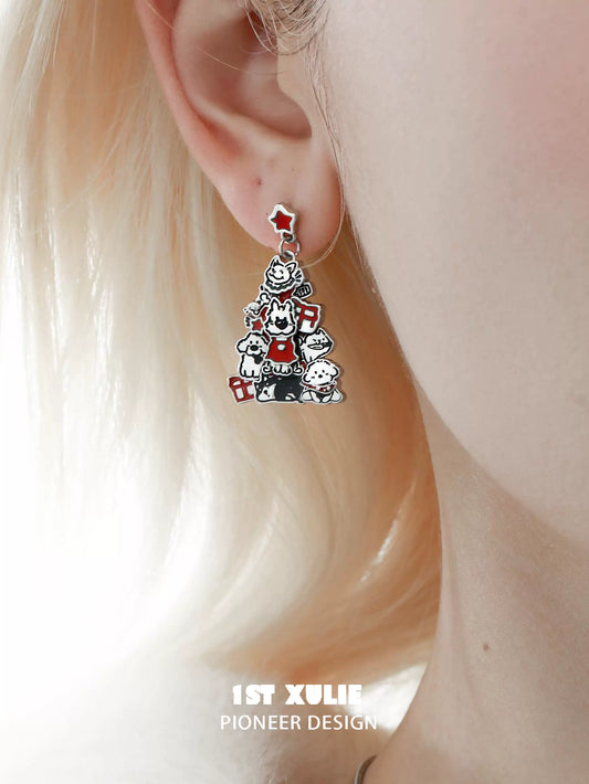 Festive Christmas dog earrings featuring a dog tree design with gifts and holiday colors