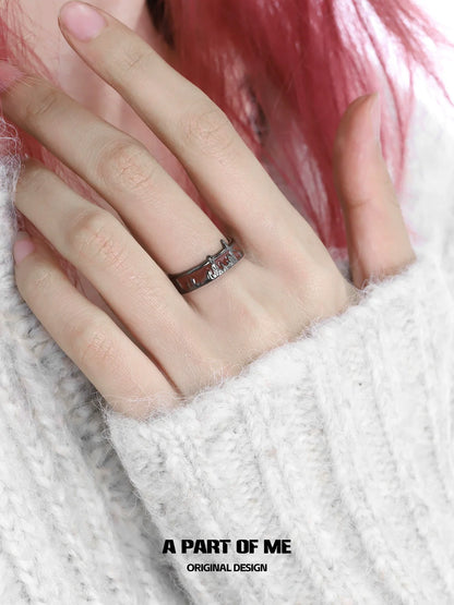 A PART OF ME city skyline silver ring worn on a hand with a cozy sweater backdrop
