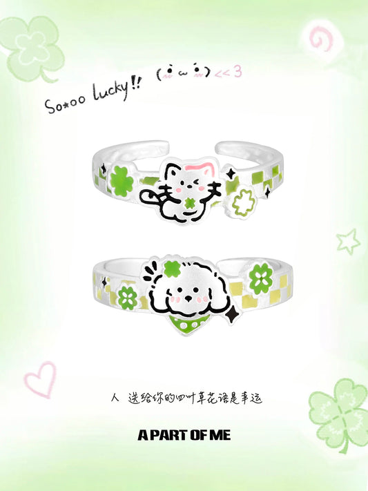 Cute clover cat puppy couple rings in silver featuring adorable designs and adjustable sizing