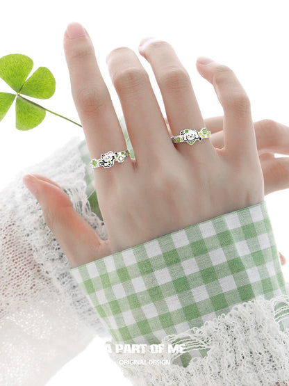 A PART OF ME Clover Cat Puppy Couple Rings with Cute Cat and Dog Design in Silver and Green