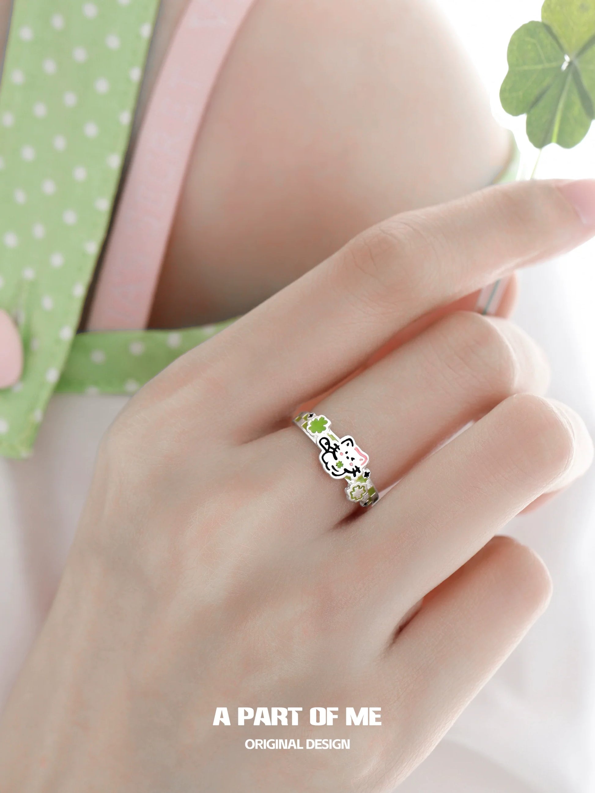 A Part of Me Clover Cat Puppy Couple Rings in Silver with Colorful Enamel Design