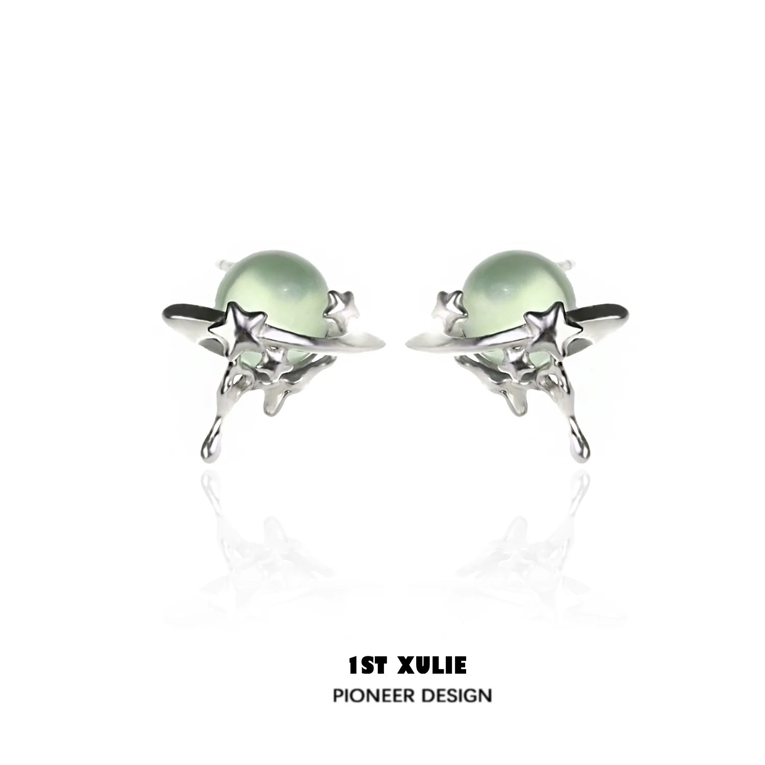 1ST XULIE Cosmic Meteorite Earrings with Green Planet Charms and Star Accents