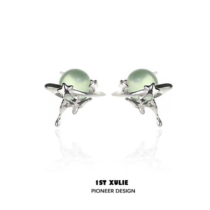 1ST XULIE Cosmic Meteorite Earrings with Green Planet Charms and Star Accents