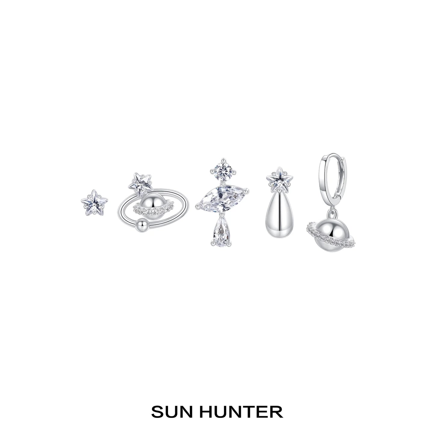 Sun Hunter cosmic planet earrings set featuring sparkling star and planet designs in silver tone