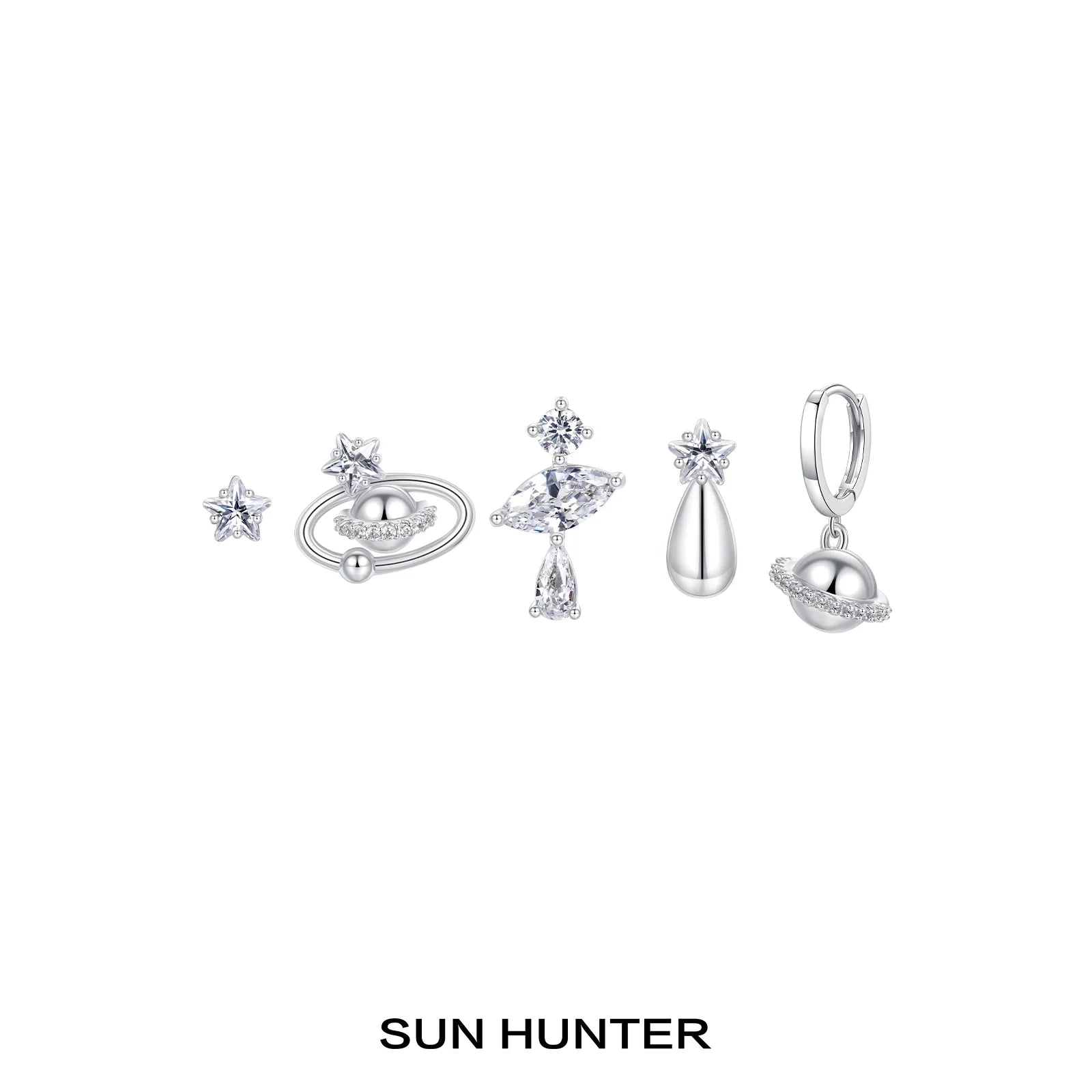 Sun Hunter cosmic planet earrings set featuring sparkling star and planet designs in silver tone