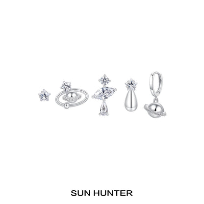 Sun Hunter cosmic planet earrings set featuring sparkling star and planet designs in silver tone