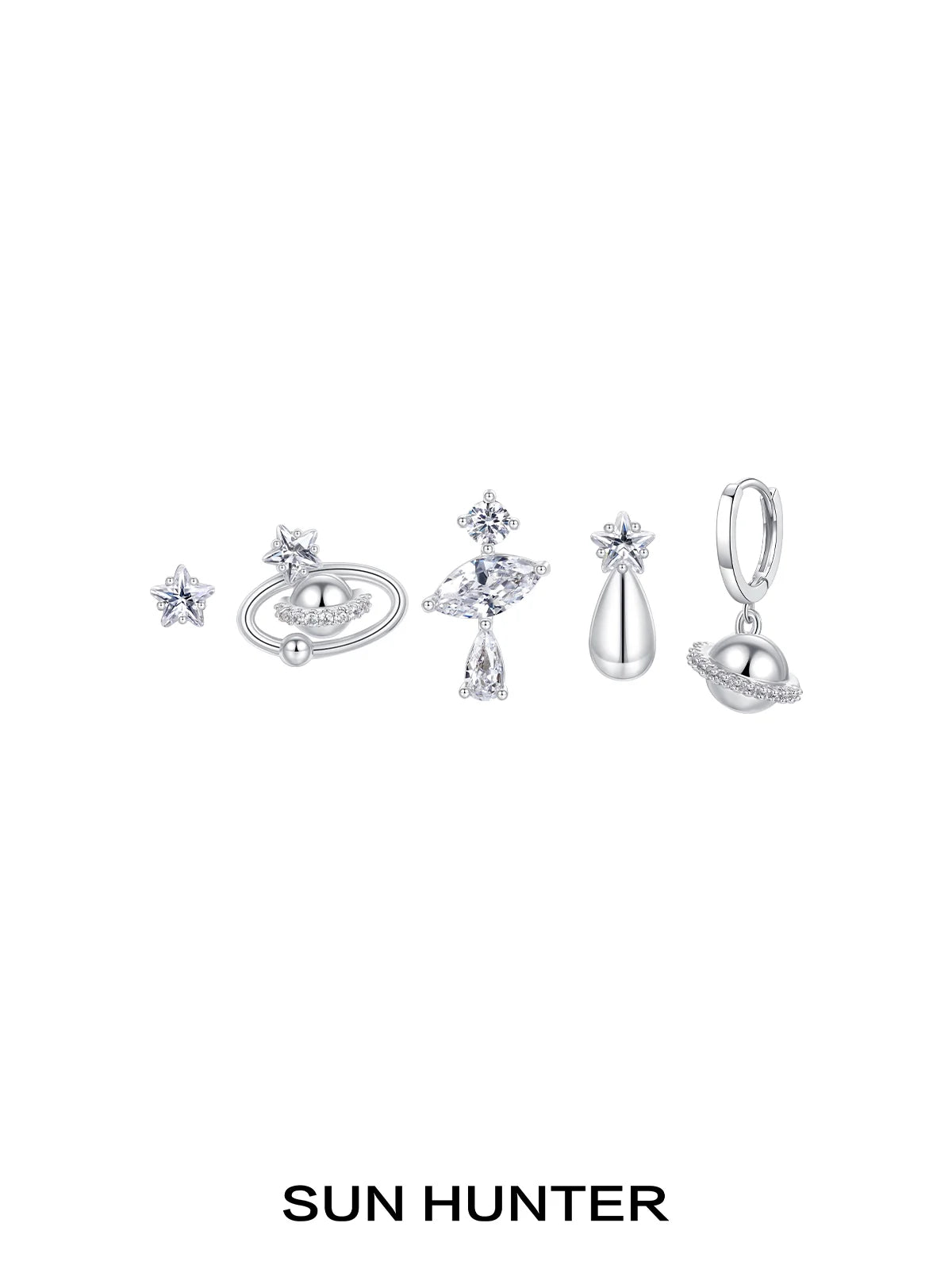 Cosmic planet earrings set featuring silver and sparkling star designs for stylish accessorizing