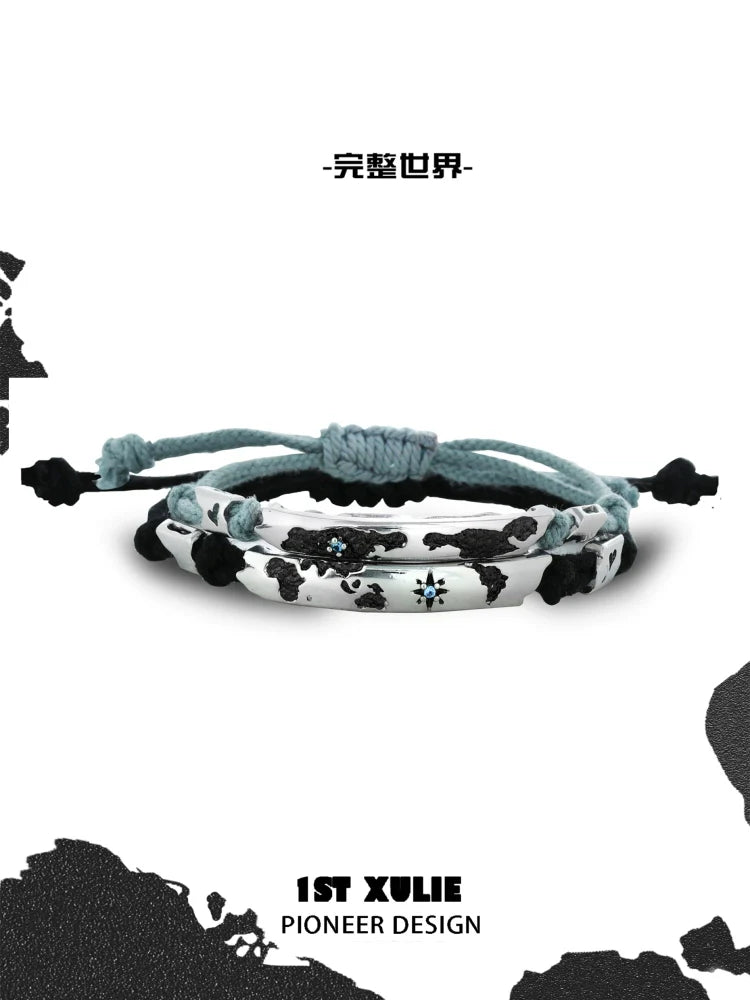 Couple braided bracelet set in black and blue with unique design for matching accessories