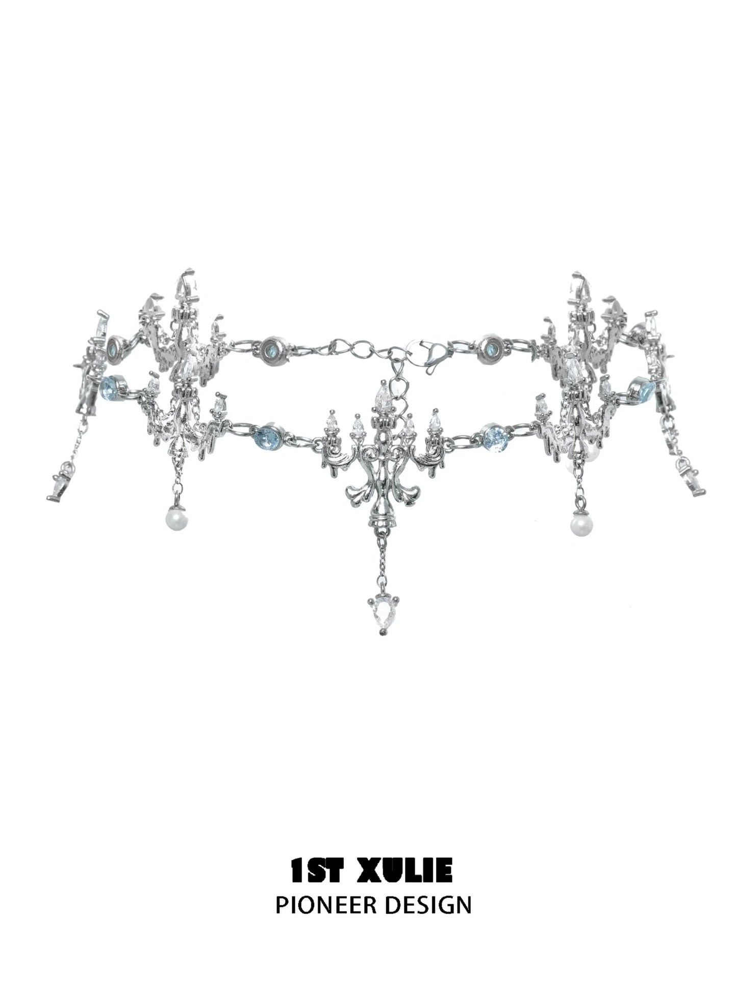 Elegant crystal fringe necklace adorned with silver accents and sparkling blue details
