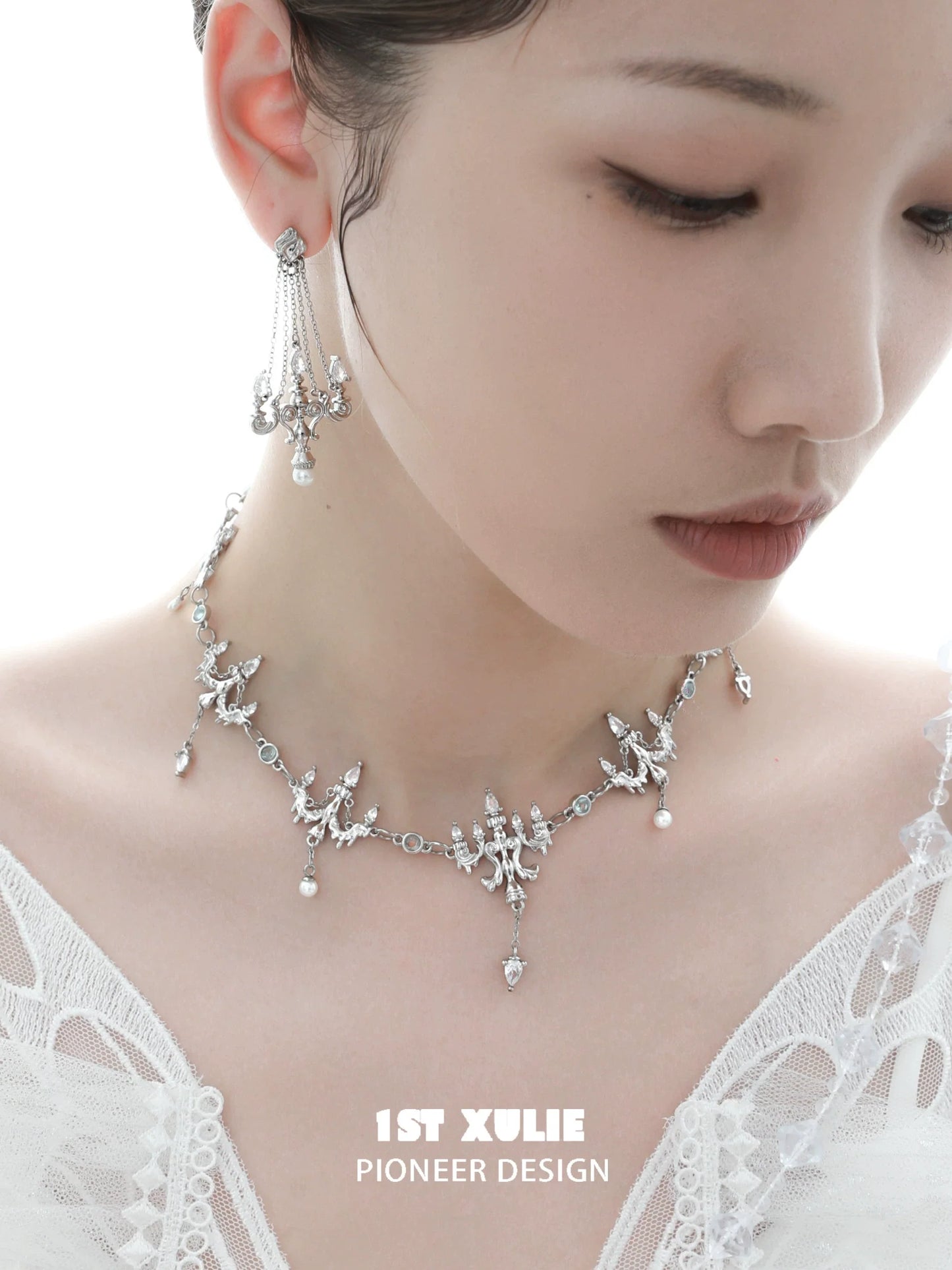 Elegant 1ST XULIE crystal fringe necklace with intricate design, perfect for formal occasions