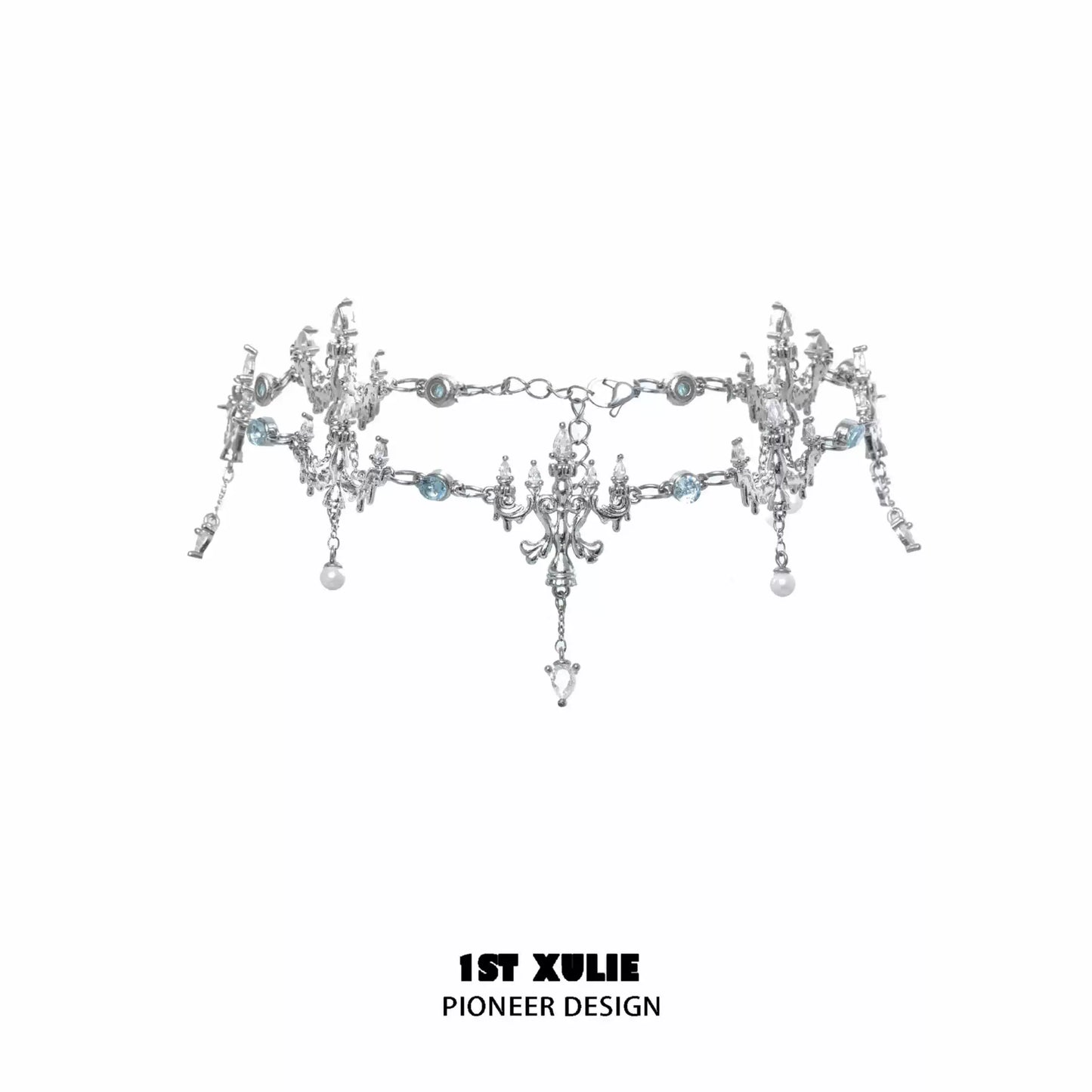 Elegant crystal fringe necklace with shimmering details and blue accents from 1ST XULIE