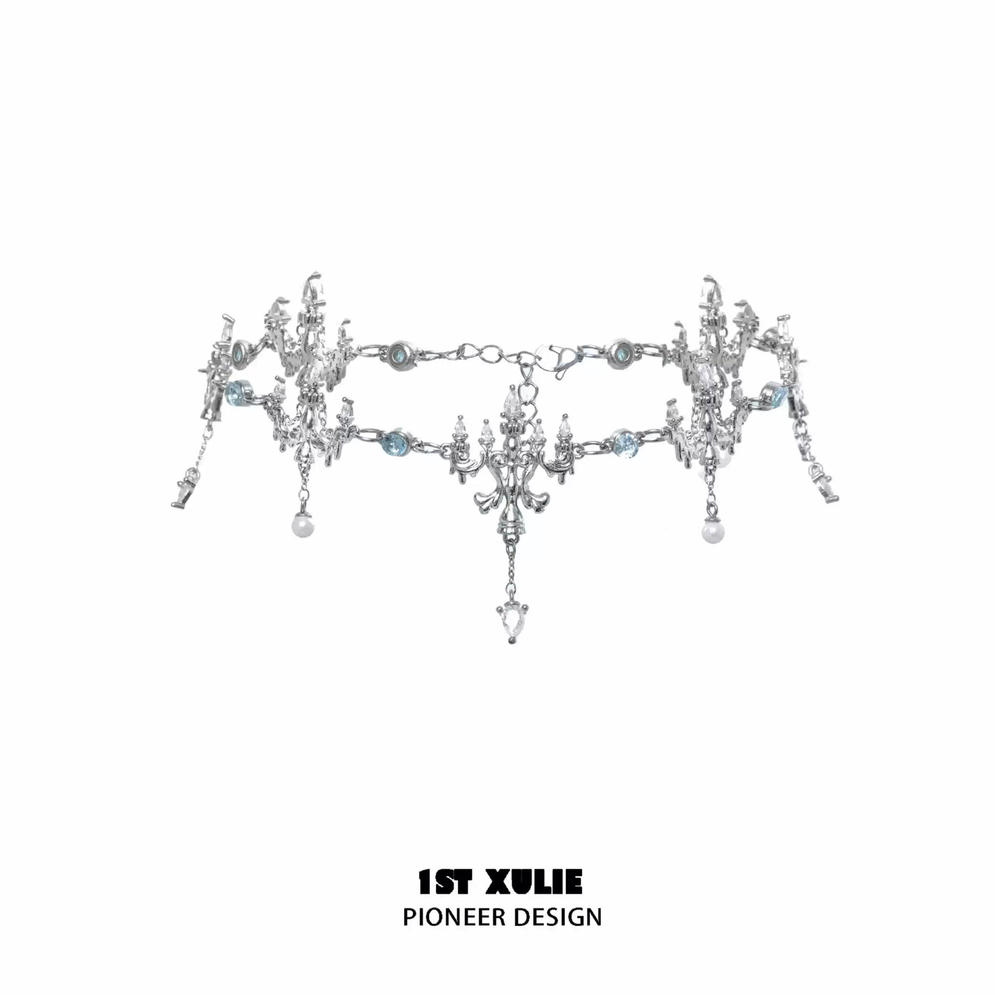 Elegant crystal fringe necklace with shimmering details and blue accents from 1ST XULIE